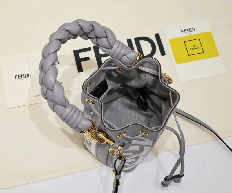 Fendi Gray White FF Logo Bucket Bag - Image 9