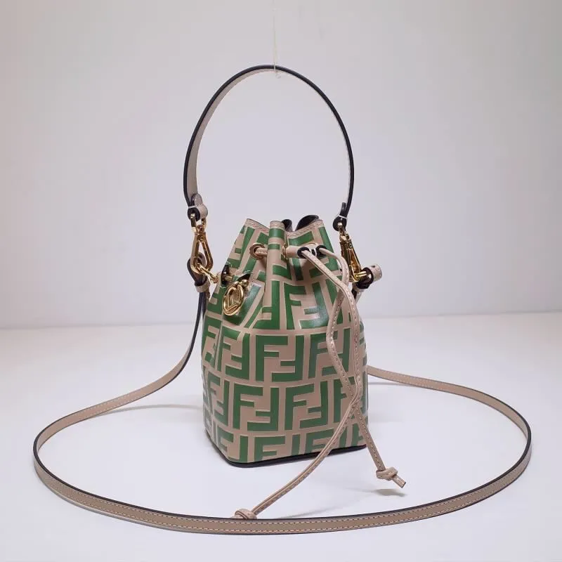 Fendi Beige Green FF Logo Bucket Bag