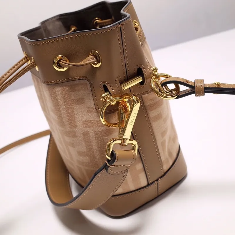 Fendi FF Monogram Crossbody Bucket Bag Beige Tan 44 - Image 6