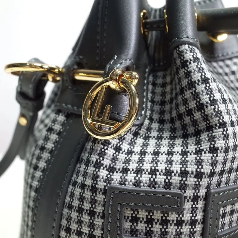 Fendi Houndstooth Bucket Bag Dark Gray Leather - Image 4