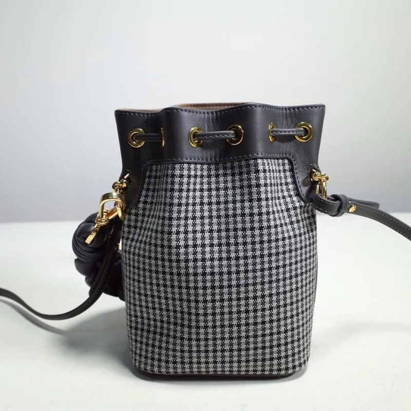 Fendi Houndstooth Bucket Bag Dark Gray Leather - Image 6
