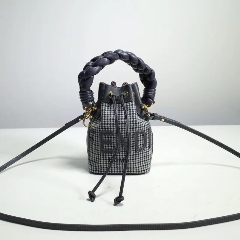 Fendi Black White Houndstooth Crossbody Bucket Bag