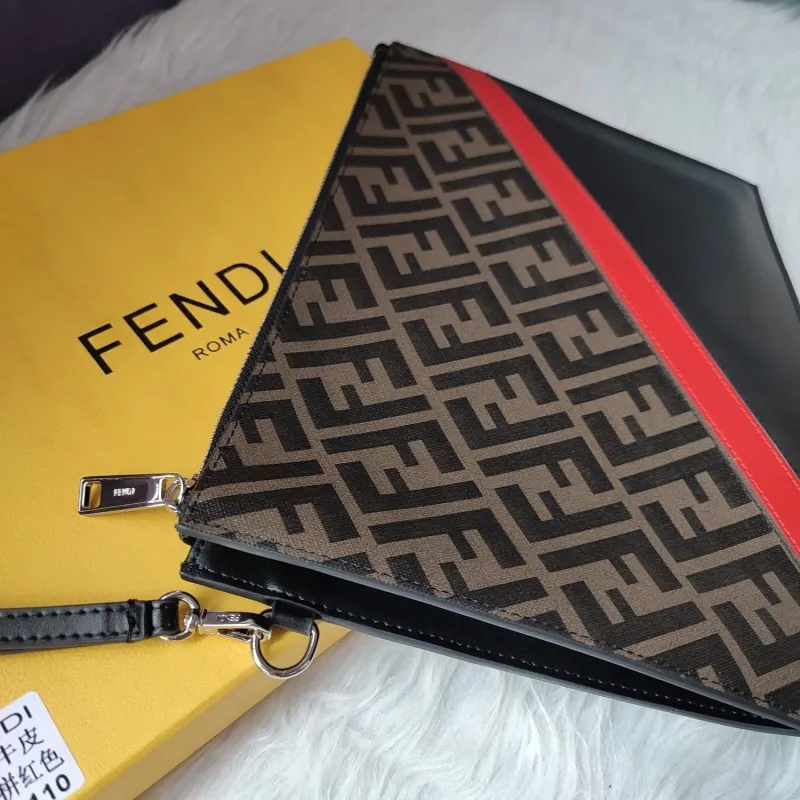 Fendi Brown FF Monogram Clutch Bag with Red Stripe - Image 3