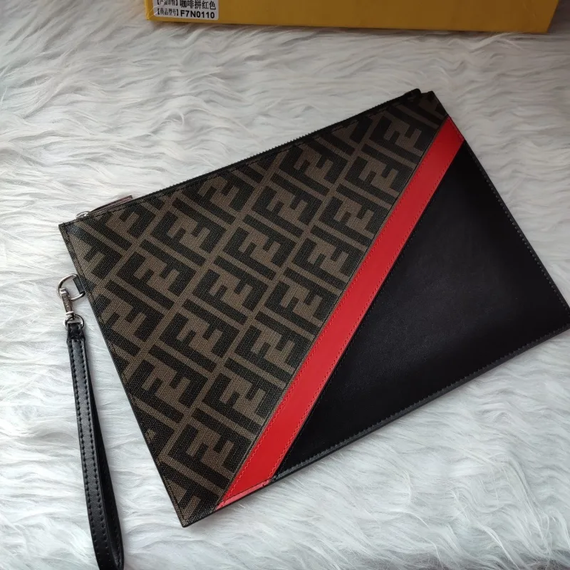 Fendi Brown FF Monogram Clutch Bag with Red Stripe - Image 4