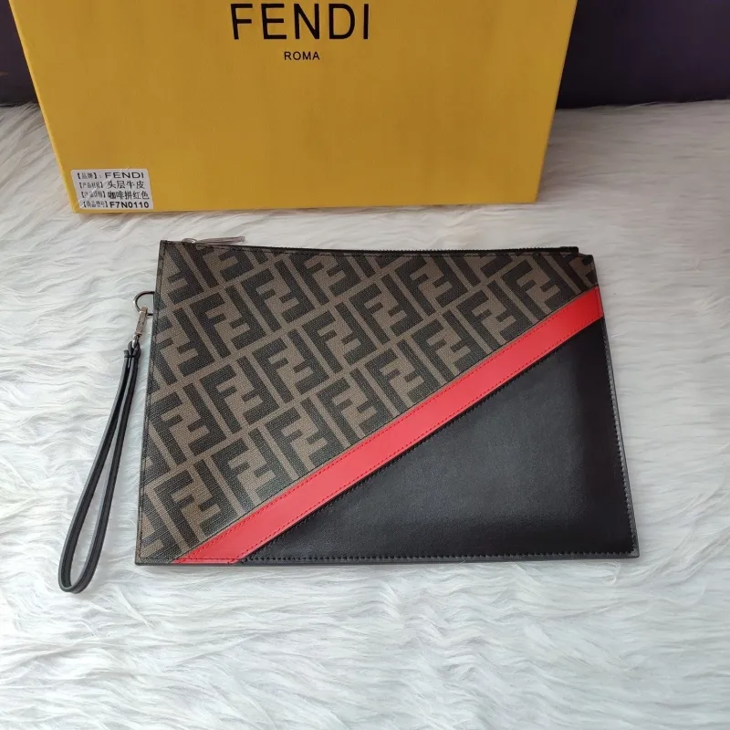 Fendi Brown FF Monogram Clutch Bag with Red Stripe - Image 5