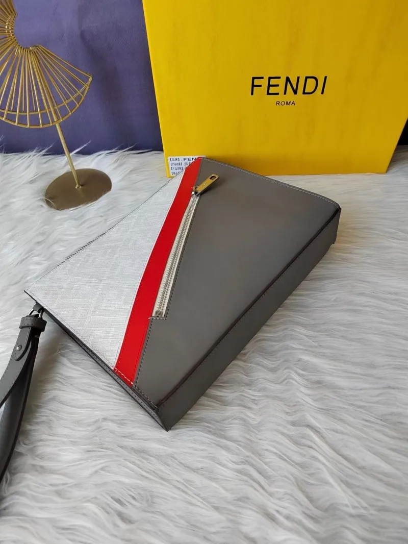Fendi Gray Red Stripe Leather Wristlet Clutch Bag F7VA491 - Image 3