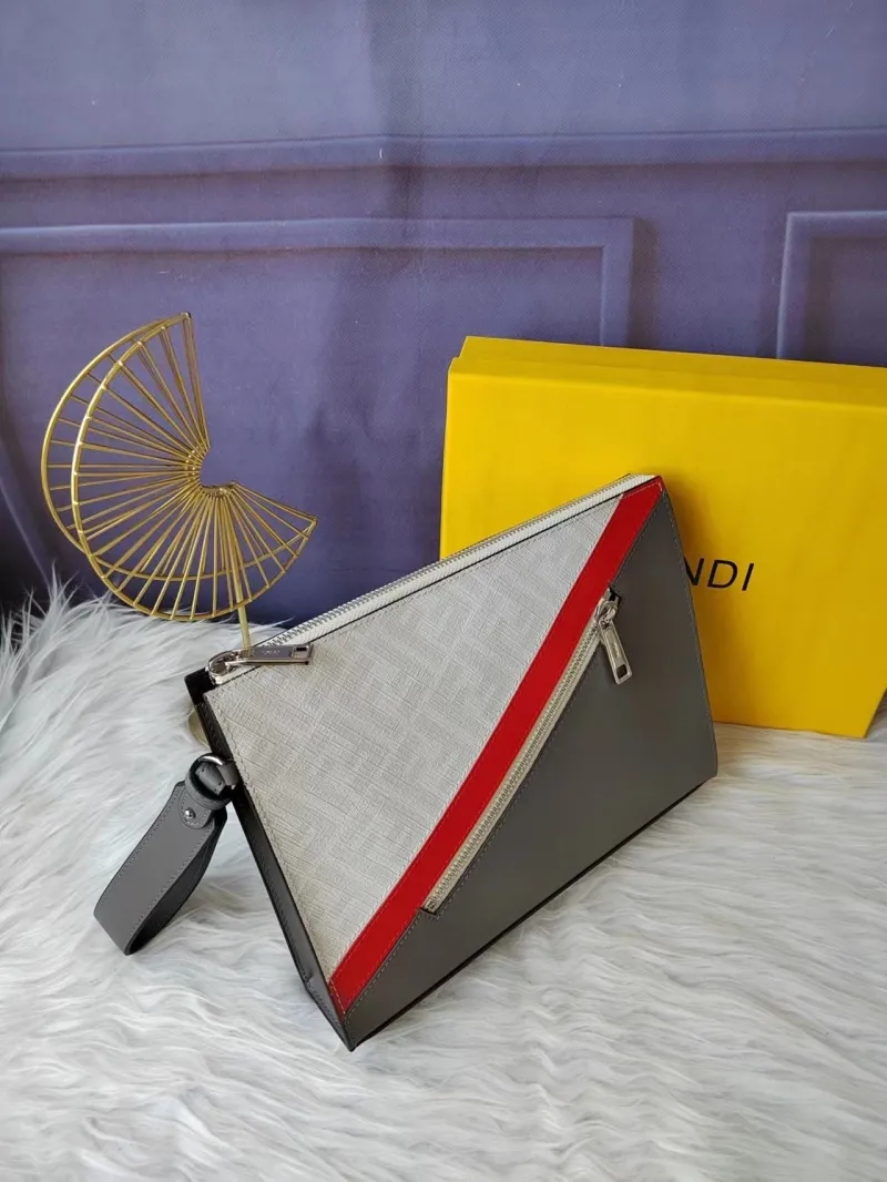 Fendi Gray Red Stripe Leather Wristlet Clutch Bag F7VA491 - Image 4