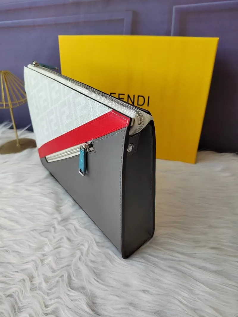 Fendi Gray Red Stripe Leather Wristlet Clutch Bag F7VA491 - Image 5
