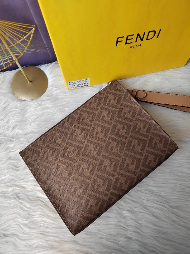 Fendi FF Pattern Brown Beige Clutch Bag F7VA491 - Image 6