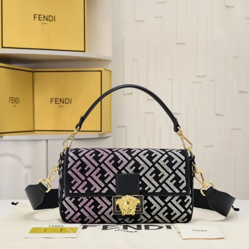 Fendi First Crystal Embellished Shoulder Bag Black Pink Silver