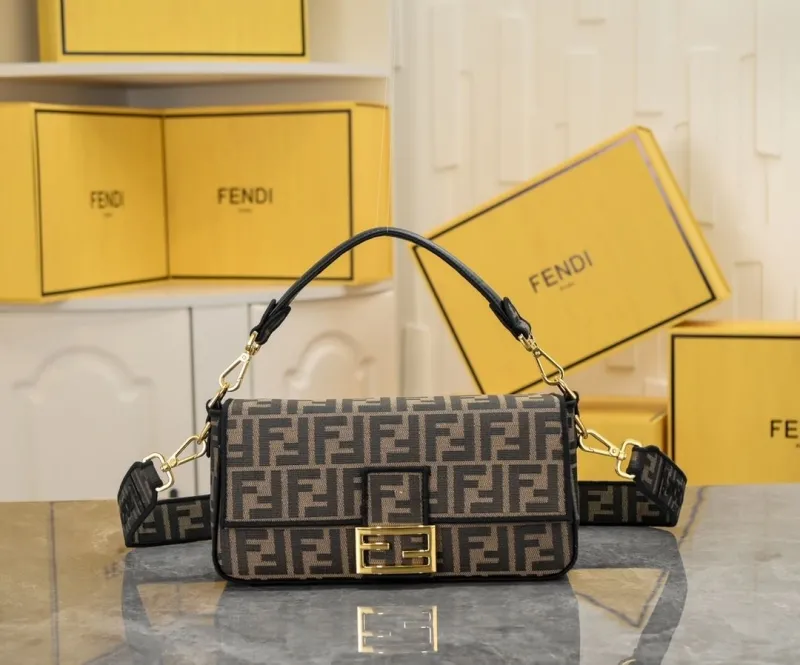 Fendi FF Monogram Brown Black Baguette Shoulder Bag