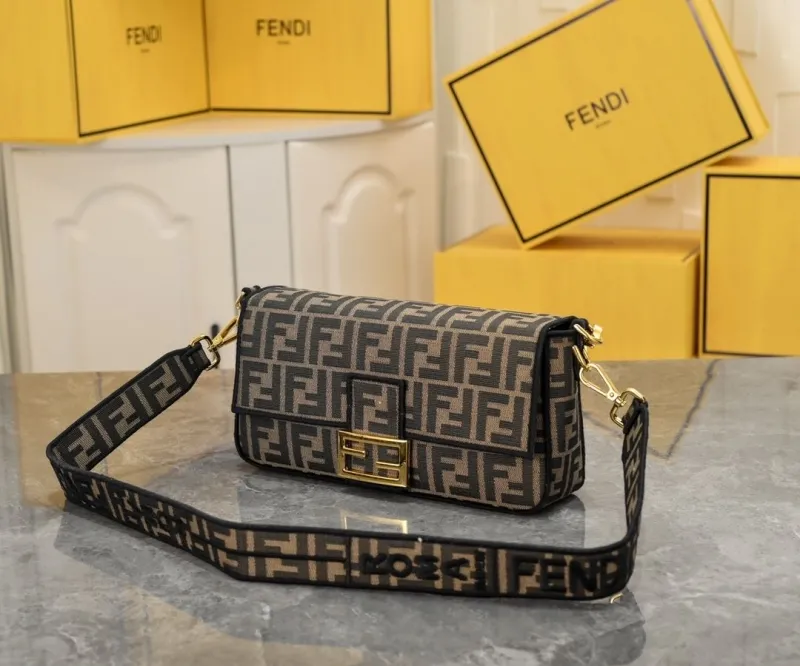 Fendi FF Monogram Brown Black Baguette Shoulder Bag - Image 3