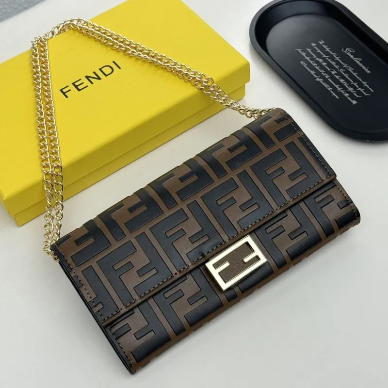 Fendi Brown FF Monogram Chain Wallet Bag - Image 8