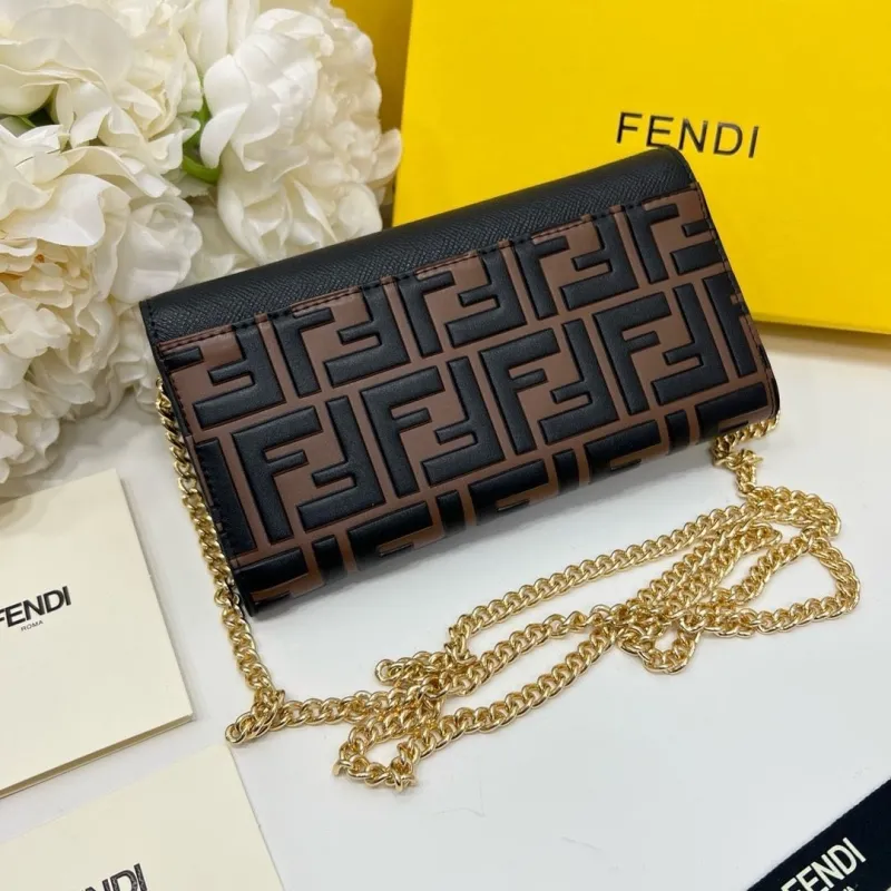 Fendi Black Brown FF Monogram Chain Wallet Bag - Image 3