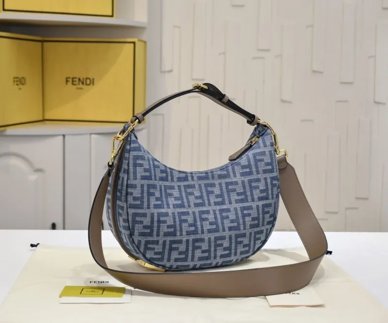 Fendi Denim FF Logo Crescent Shoulder Bag - Image 3