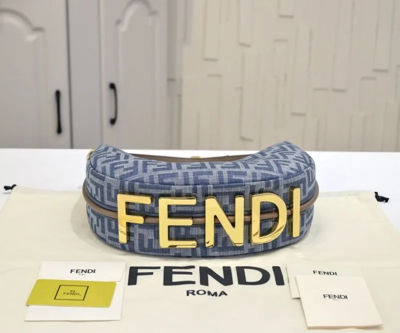 Fendi Denim FF Logo Crescent Shoulder Bag - Image 4