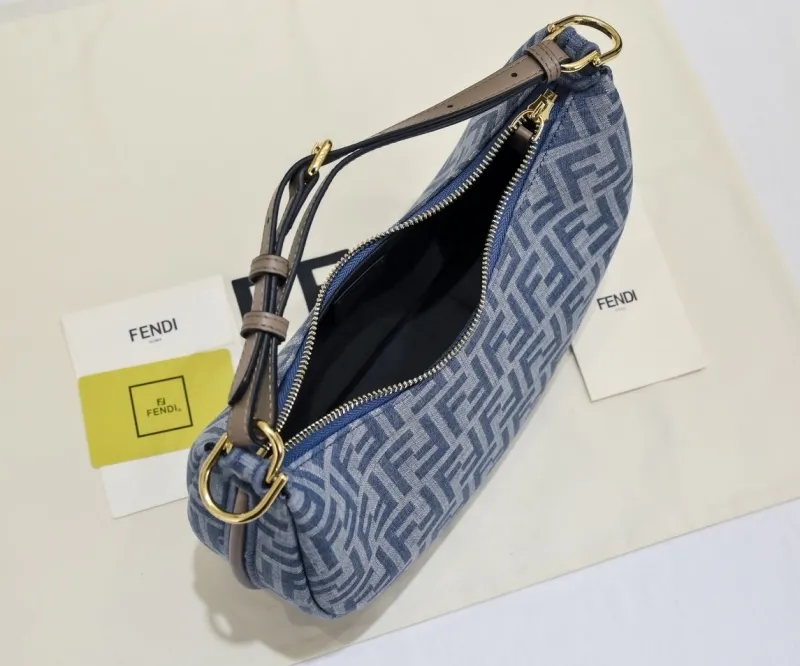 Fendi Denim FF Logo Crescent Shoulder Bag - Image 9