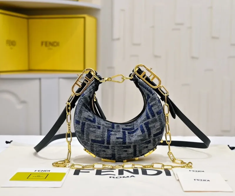 Fendi Blue Gray FF Mini Crescent Shoulder Bag