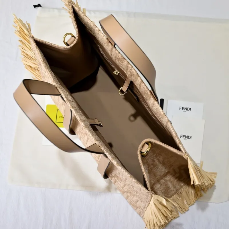 Fendi Beige Fringed FF Logo Tote Bag - Image 9