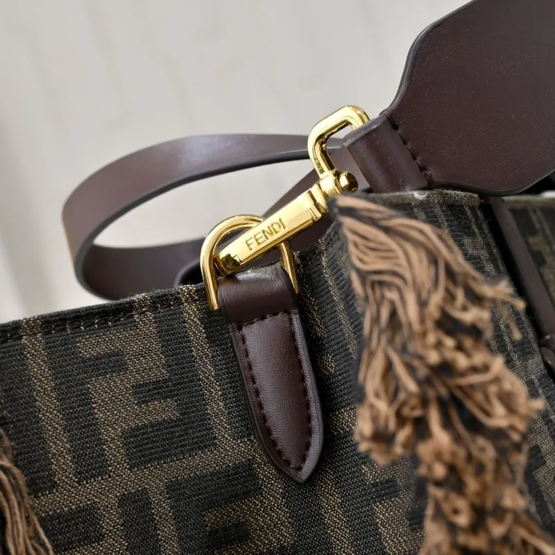 Fendi Brown Fringed FF Pattern Tote Bag - Image 4