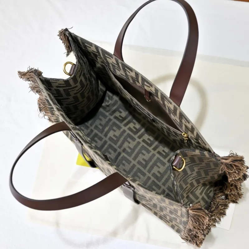 Fendi Brown Fringed FF Pattern Tote Bag - Image 9