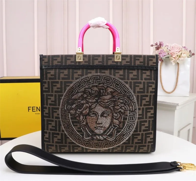 Fendi Brown Shopping Tote Bag with Medusa and Pink Handles