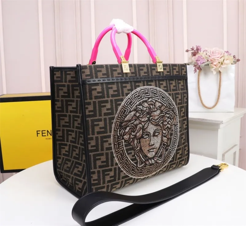 Alternative view of Fendi Brown Shopping Tote Bag with Medusa and Pink Handles