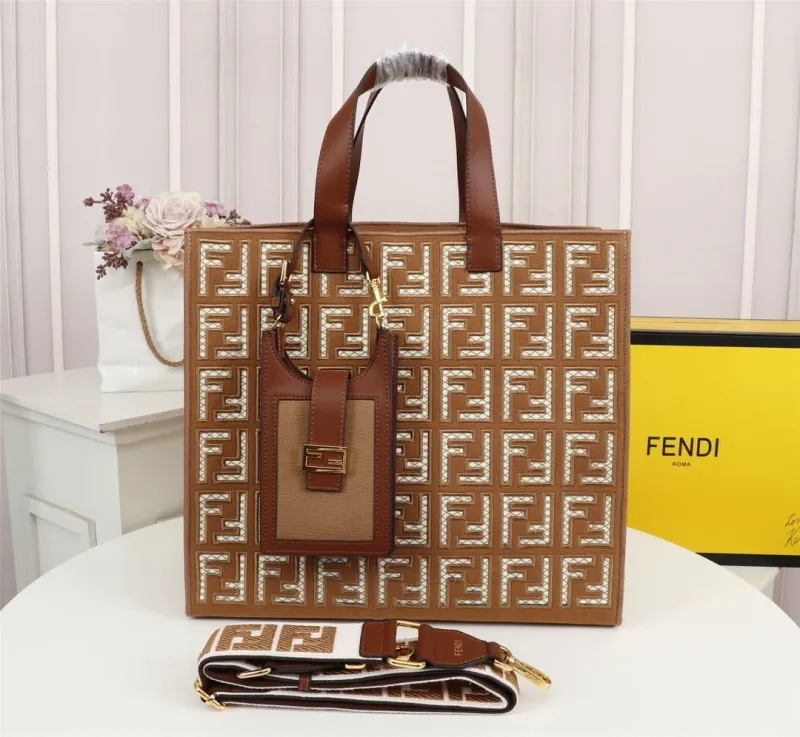 Fendi Brown FF Logo Tote Bag with Pouch and Strap