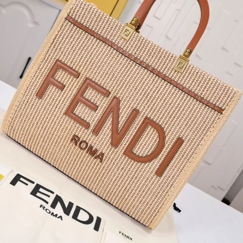 Fendi Roma Woven Tote Bag Beige Brown - Image 3