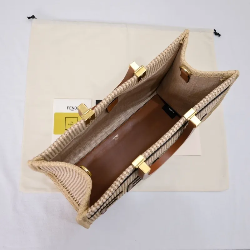 Fendi Roma Woven Tote Bag Beige Brown - Image 9