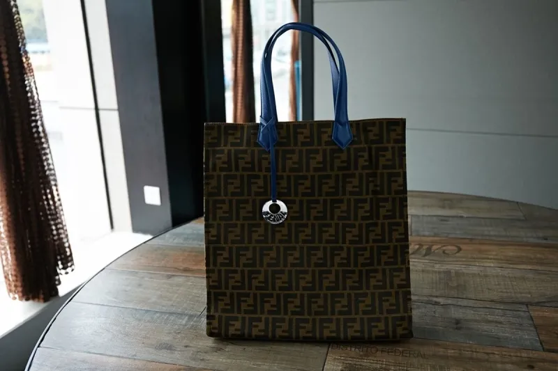 Fendi Brown FF Monogram Tote Bag with Blue Handles