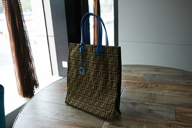 Alternative view of Fendi Brown FF Monogram Tote Bag with Blue Handles