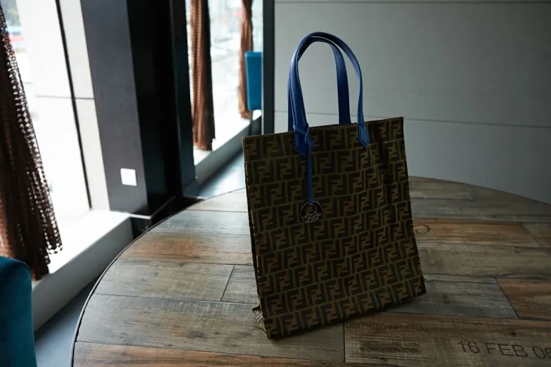 Fendi Brown FF Monogram Tote Bag with Blue Handles - Image 3
