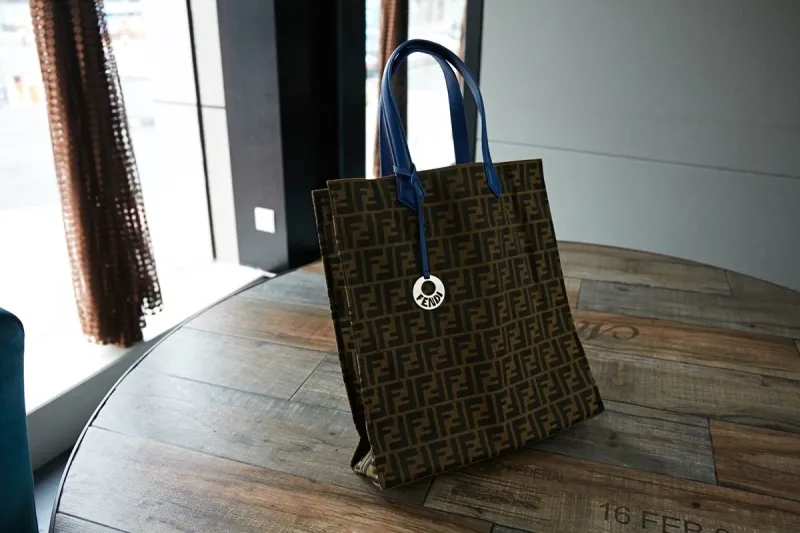 Fendi Brown FF Monogram Tote Bag with Blue Handles - Image 4