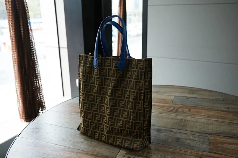 Fendi Brown FF Monogram Tote Bag with Blue Handles - Image 5
