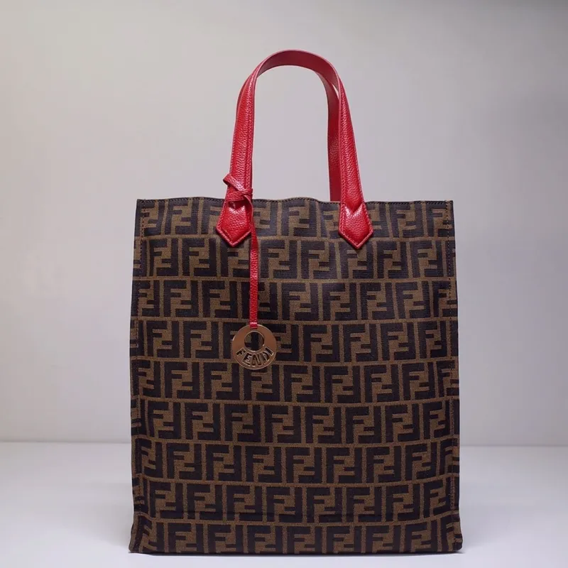 Fendi FF Monogram Tote Bag Brown Red Handles 121