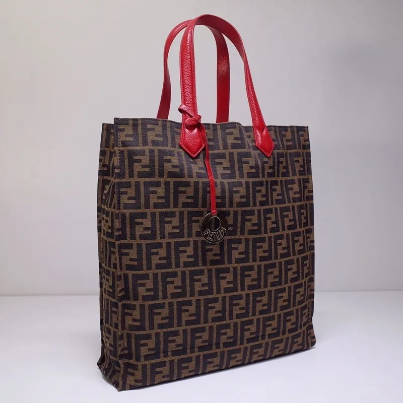 Alternative view of Fendi FF Monogram Tote Bag Brown Red Handles 121