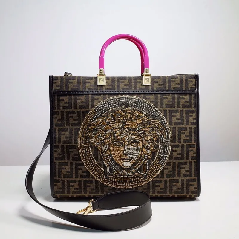 Fendi FF Monogram Shopping Tote Bag with Pink Handles