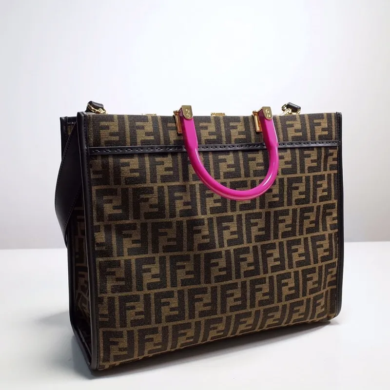 Fendi FF Monogram Shopping Tote Bag with Pink Handles - Image 3