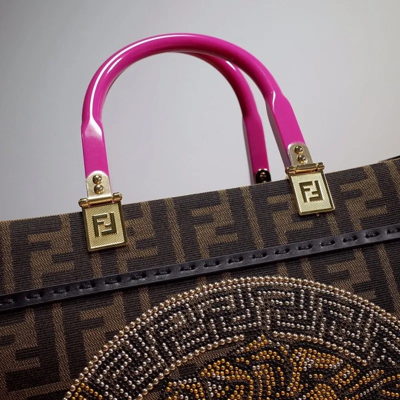 Fendi FF Monogram Shopping Tote Bag with Pink Handles - Image 5