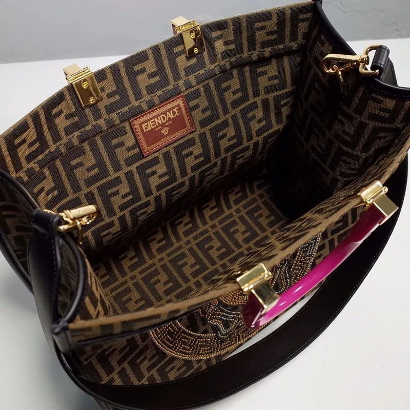 Fendi FF Monogram Shopping Tote Bag with Pink Handles - Image 7