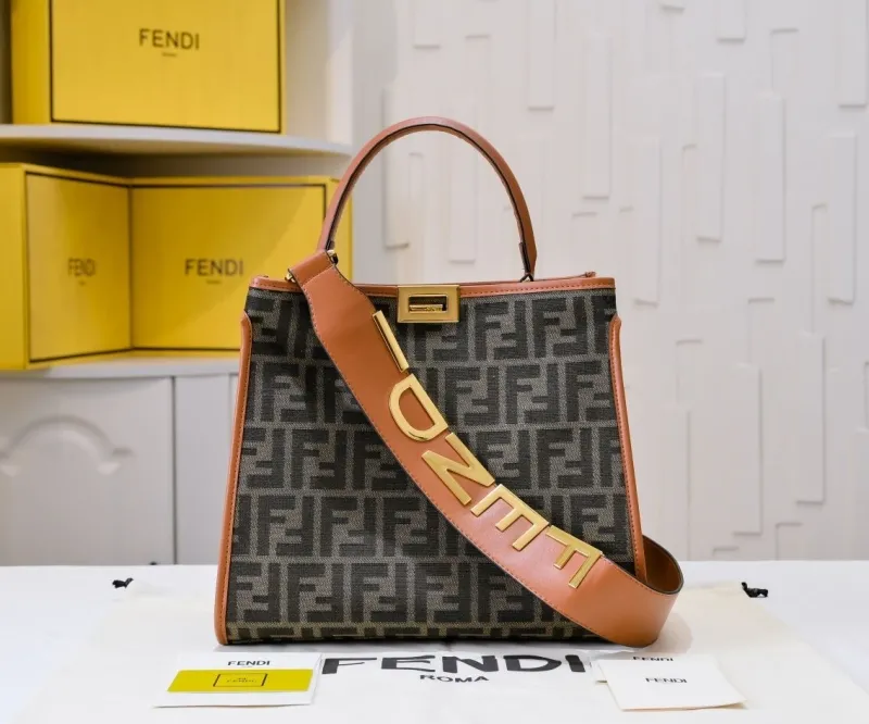 Fendi FF Monogram Tote Bag with Brown Trim