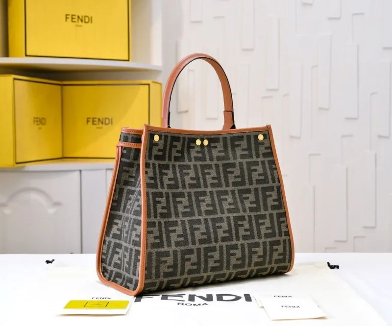 Fendi FF Monogram Tote Bag with Brown Trim - Image 3