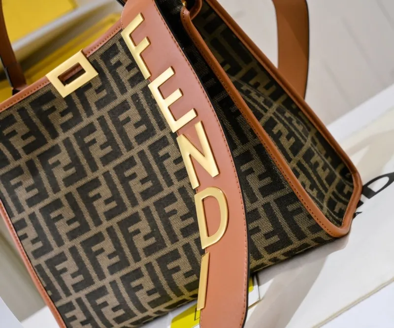 Fendi FF Monogram Tote Bag with Brown Trim - Image 5