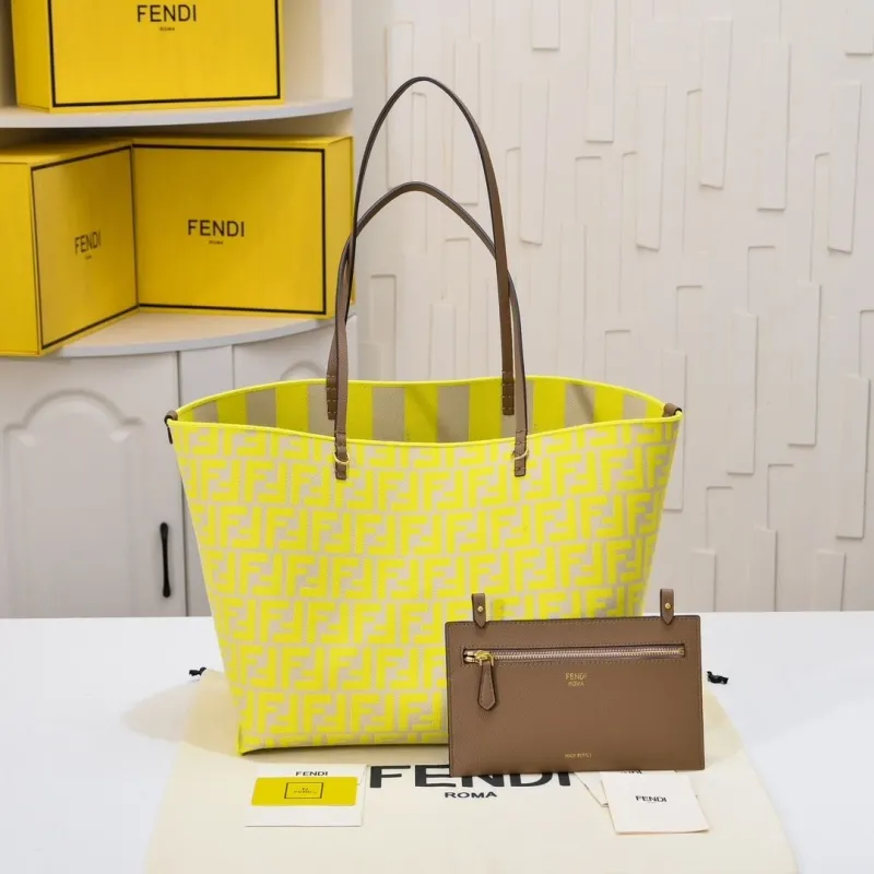Fendi Reversible Yellow Beige Tote Bag with Pouch