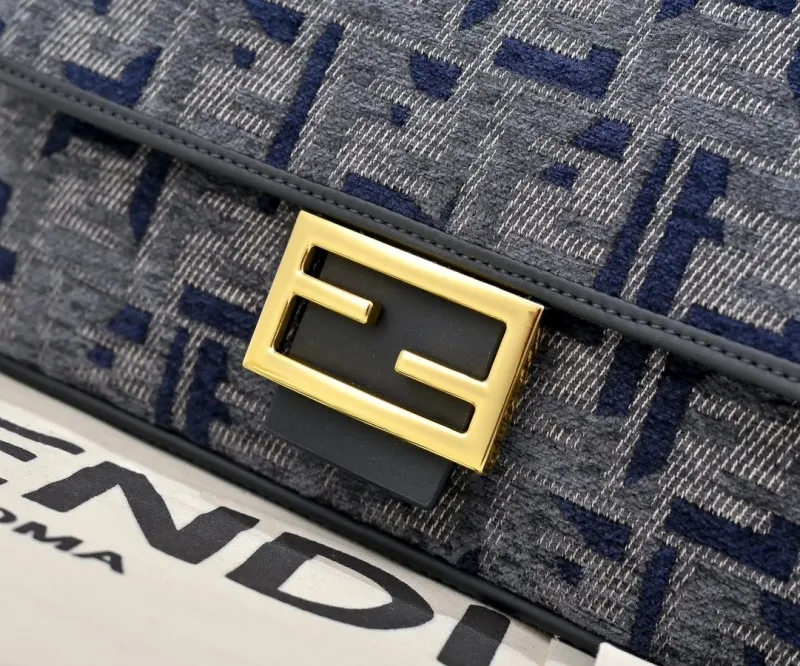 Fendi Grey Blue Denim FF Monogram Top Handle Bag - Image 4