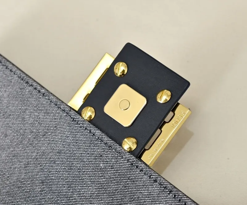 Fendi Grey Blue Denim FF Monogram Top Handle Bag - Image 6