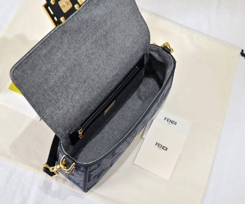 Fendi Grey Blue Denim FF Monogram Top Handle Bag - Image 9