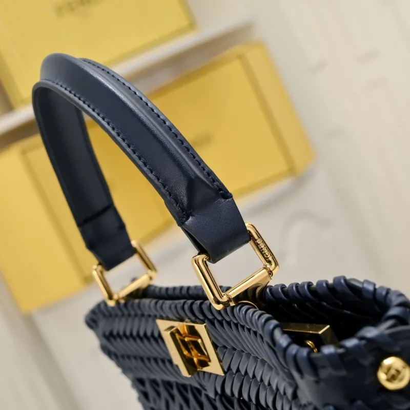 Fendi Navy Blue Woven Top Handle Shoulder Bag - Image 4