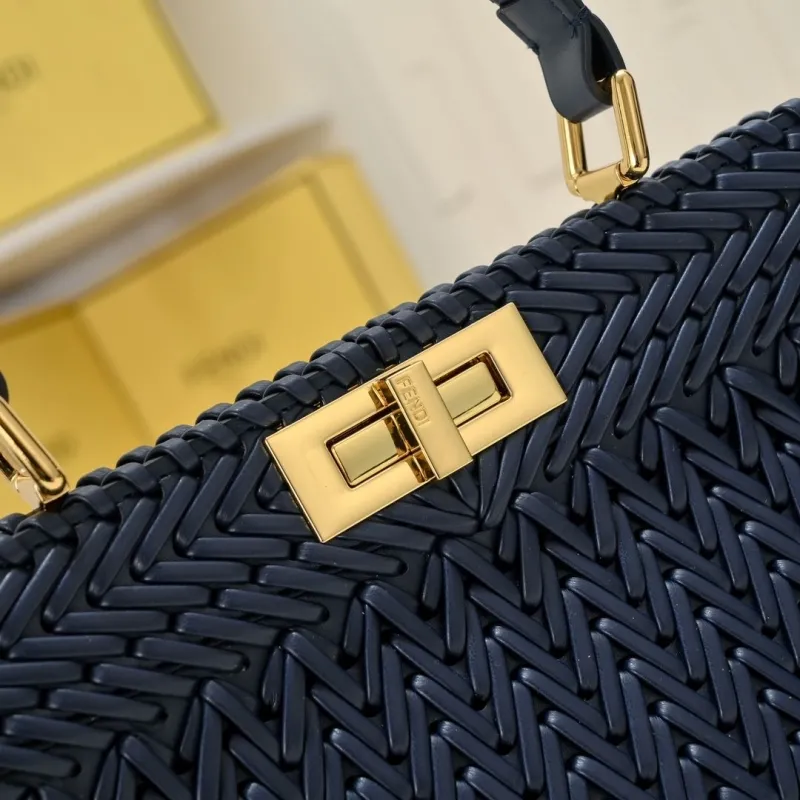 Fendi Navy Blue Woven Top Handle Shoulder Bag - Image 6